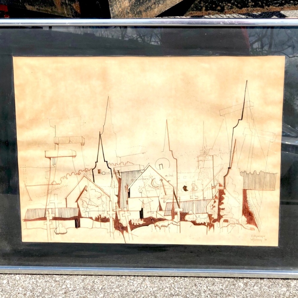 VTG 1978 Large Modern Gothic Abstract Drawing Original Artwork Signed Framed